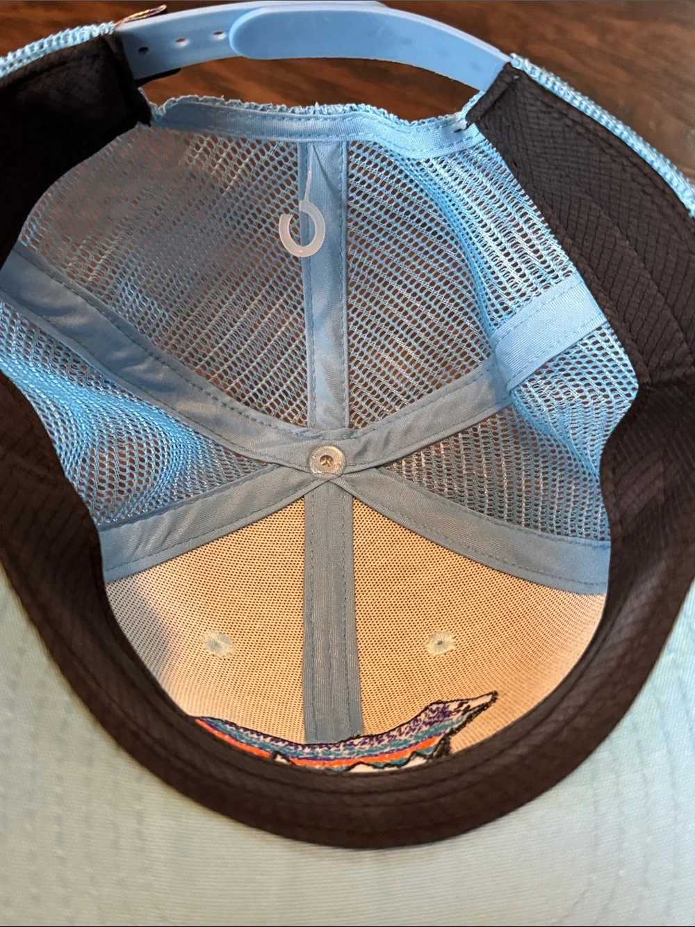 Patagonia Light Blue and Cream Kids Trucker Hat with Striped Bear Patch